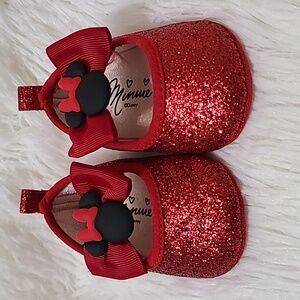 DISNEY Minnie Mouse‎ Bow Red Glitter Infant Crib Shoes - Size 3-6M